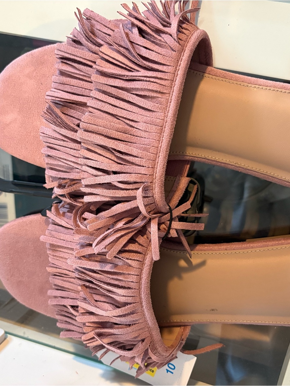Time and Tru Pink Suede Fringe Slide Mules